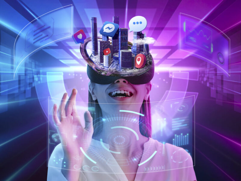 Person wearing VR headset with digital icons exploring the best free AI tools in 2026