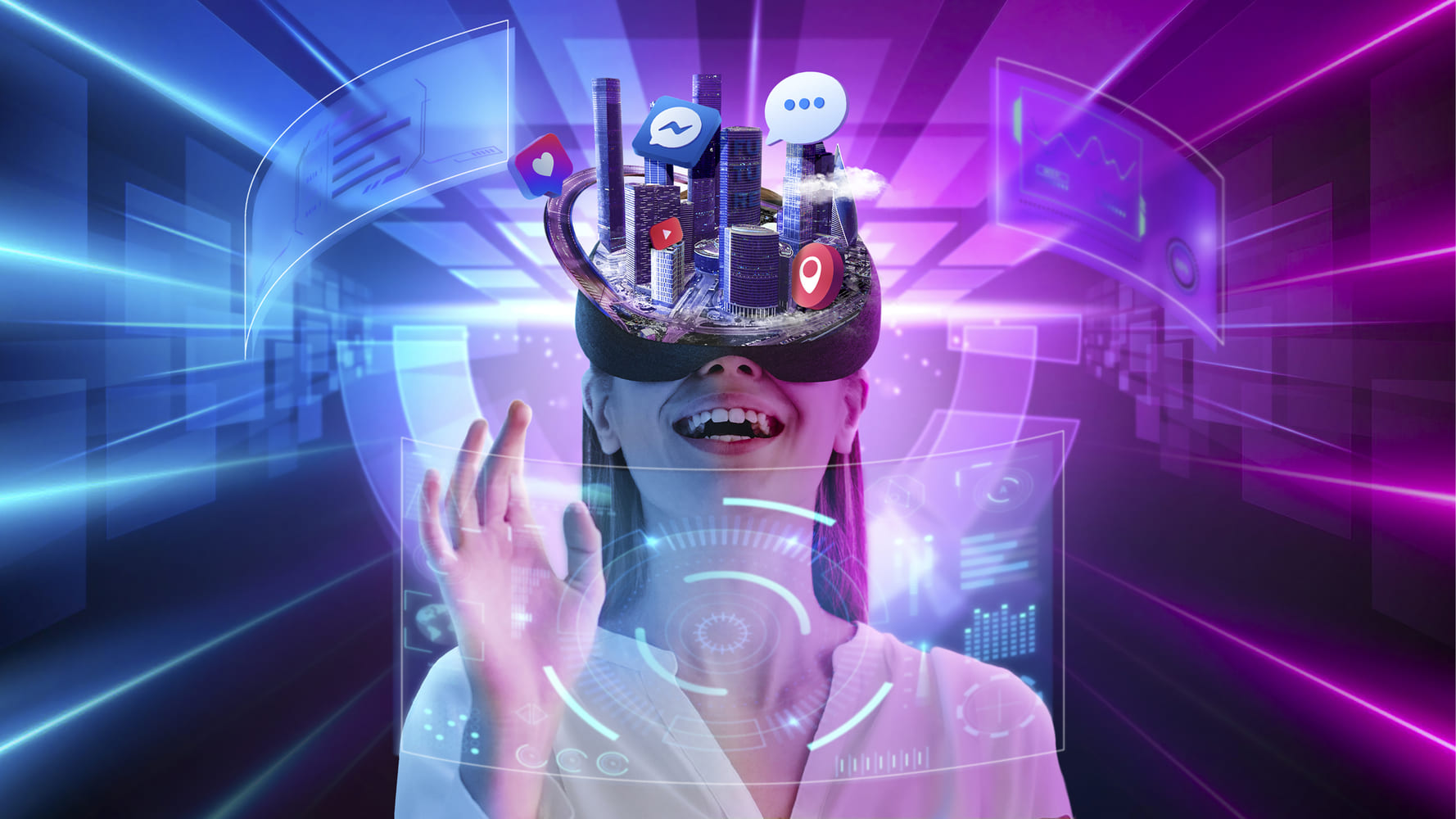 Person wearing VR headset with digital icons exploring the best free AI tools in 2026