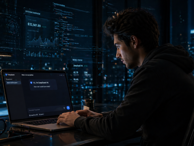 Person using DeepSeek V4 on a laptop AI model review comparing DeepSeek to ChatGPT and Claude in 2026