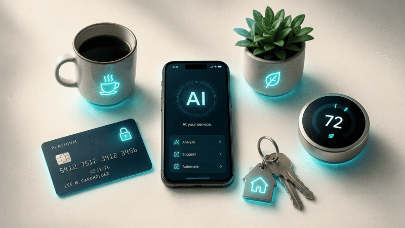 Conceptual illustration of AI in everyday life showing common objects subtly glowing with invisible technology