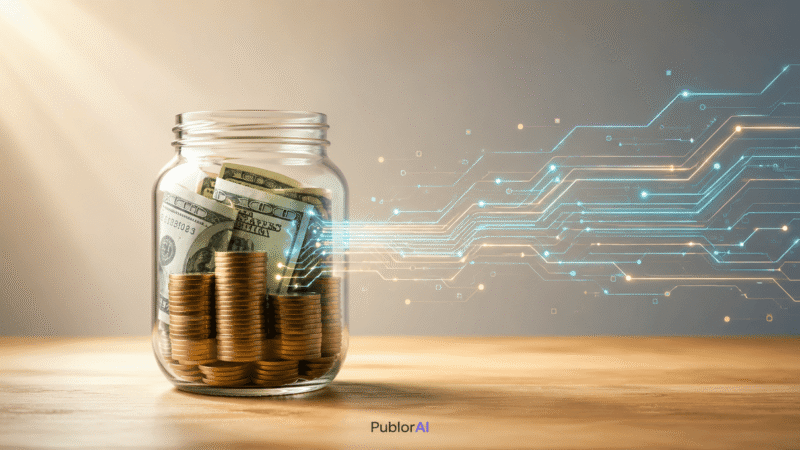 Conceptual illustration for AI side hustles 2026 showing income flow from AI tools to coins in a glass jar