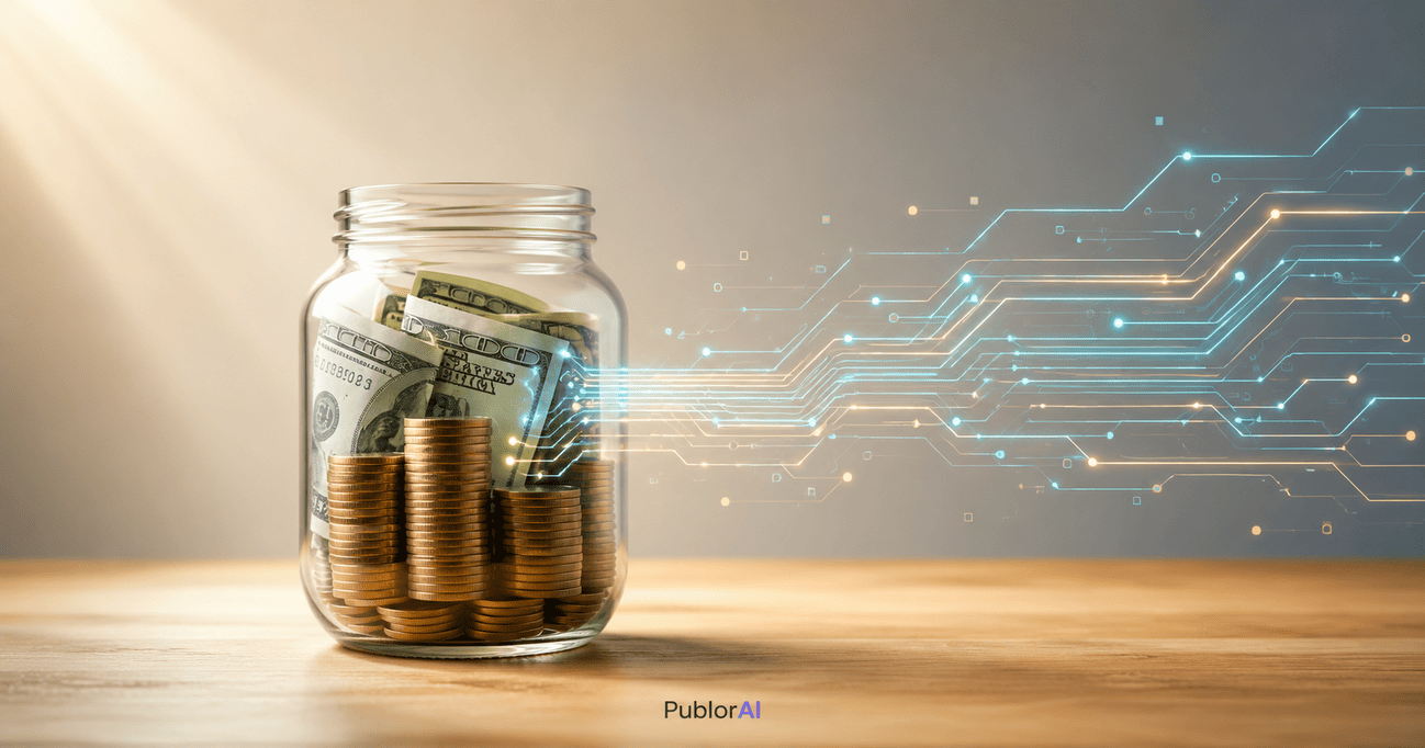 Conceptual illustration for AI side hustles 2026 showing income flow from AI tools to coins in a glass jar