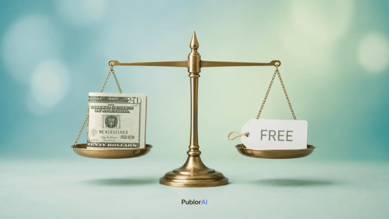 Conceptual scale weighing a $20 bill against a free tag, illustrating ChatGPT Plus vs Free decision in 2026