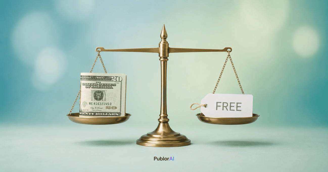 Conceptual scale weighing a $20 bill against a free tag, illustrating ChatGPT Plus vs Free decision in 2026