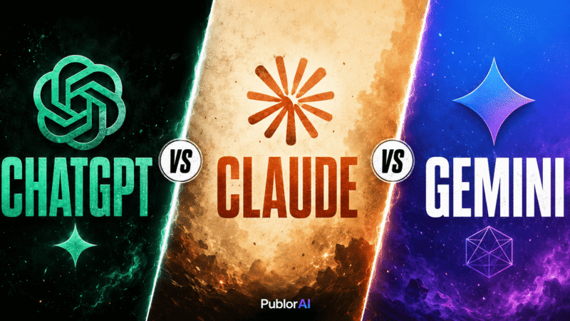 Three-panel versus poster comparing ChatGPT vs Claude vs Gemini AI assistants for 2026
