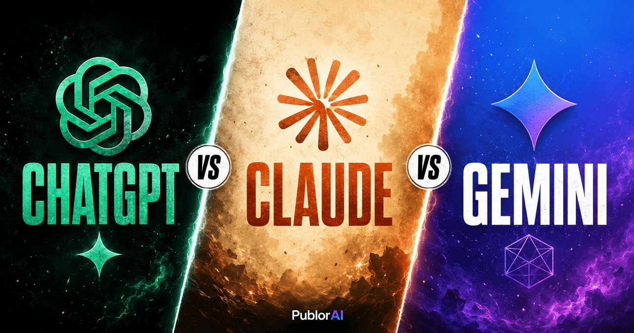 Three-panel versus poster comparing ChatGPT vs Claude vs Gemini AI assistants for 2026