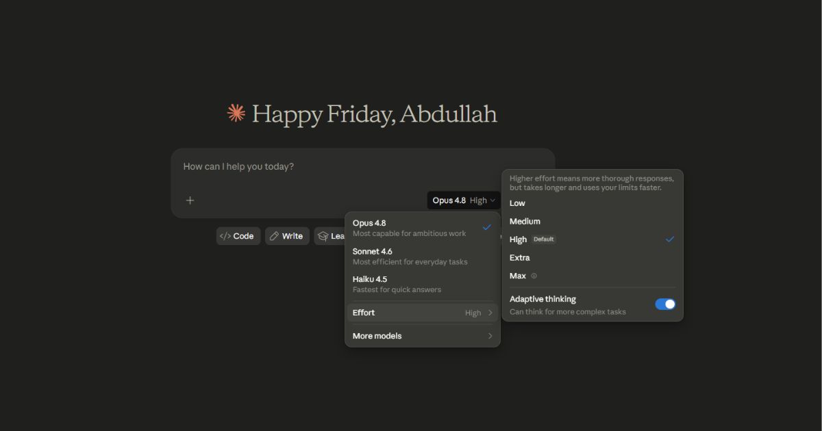 Claude.ai web interface showing Claude Opus 4.8 model selector with effort control settings