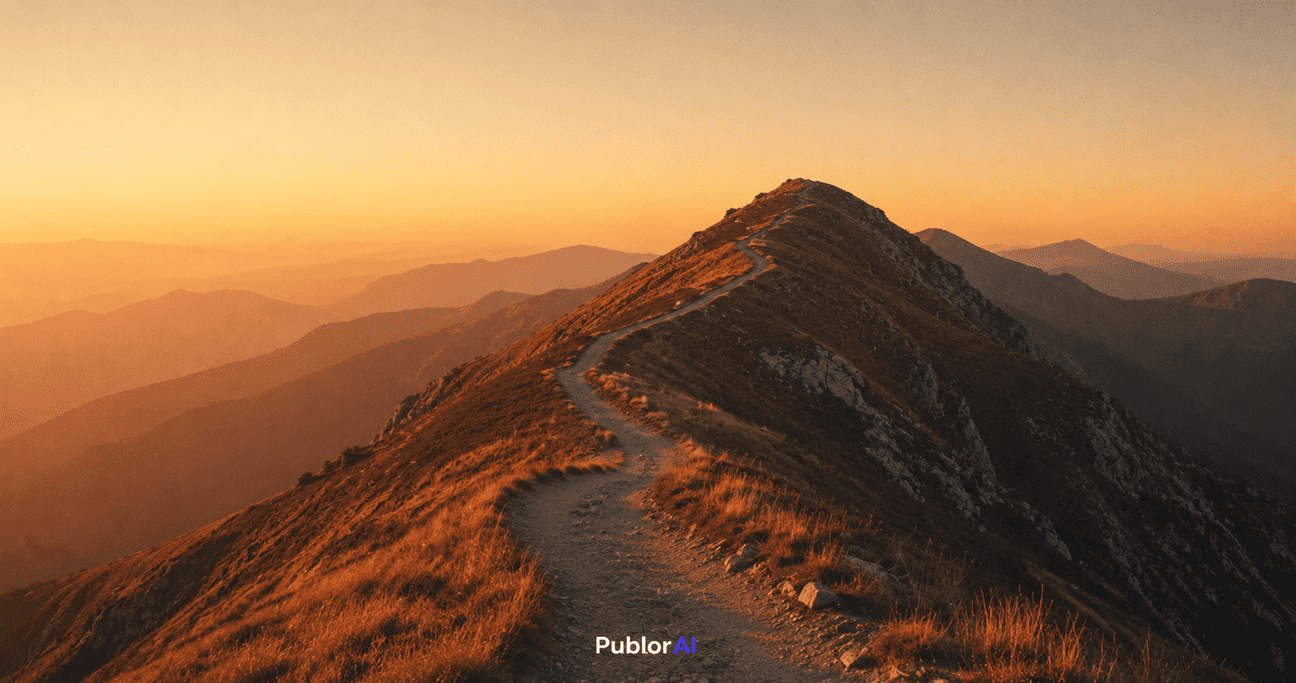Conceptual image of a long winding mountain trail at golden hour representing Claude Opus 4.8 long-running agentic tasks staying on track