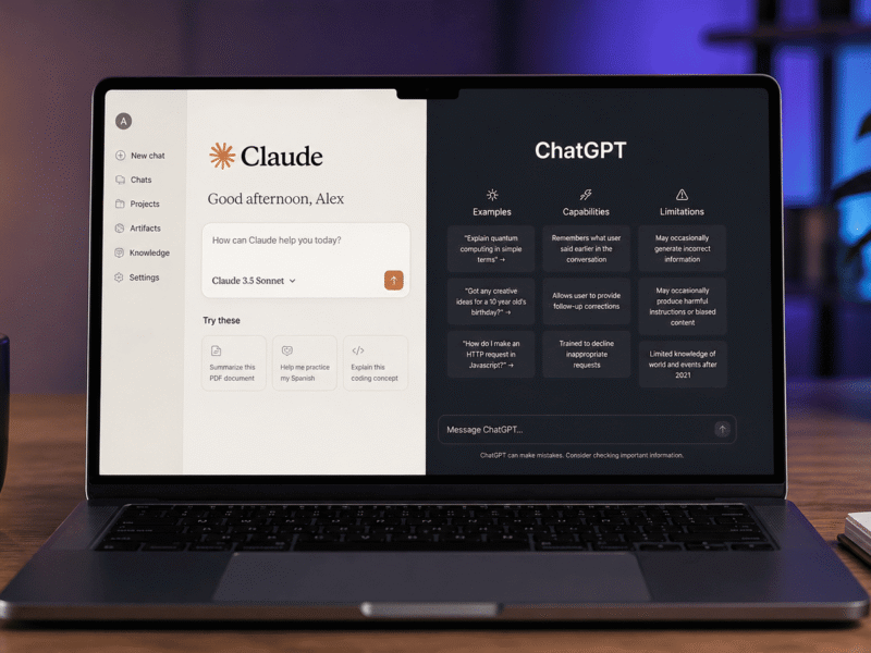 Claude vs ChatGPT 2026 comparison side by side on a laptop showing both AI assistants in action