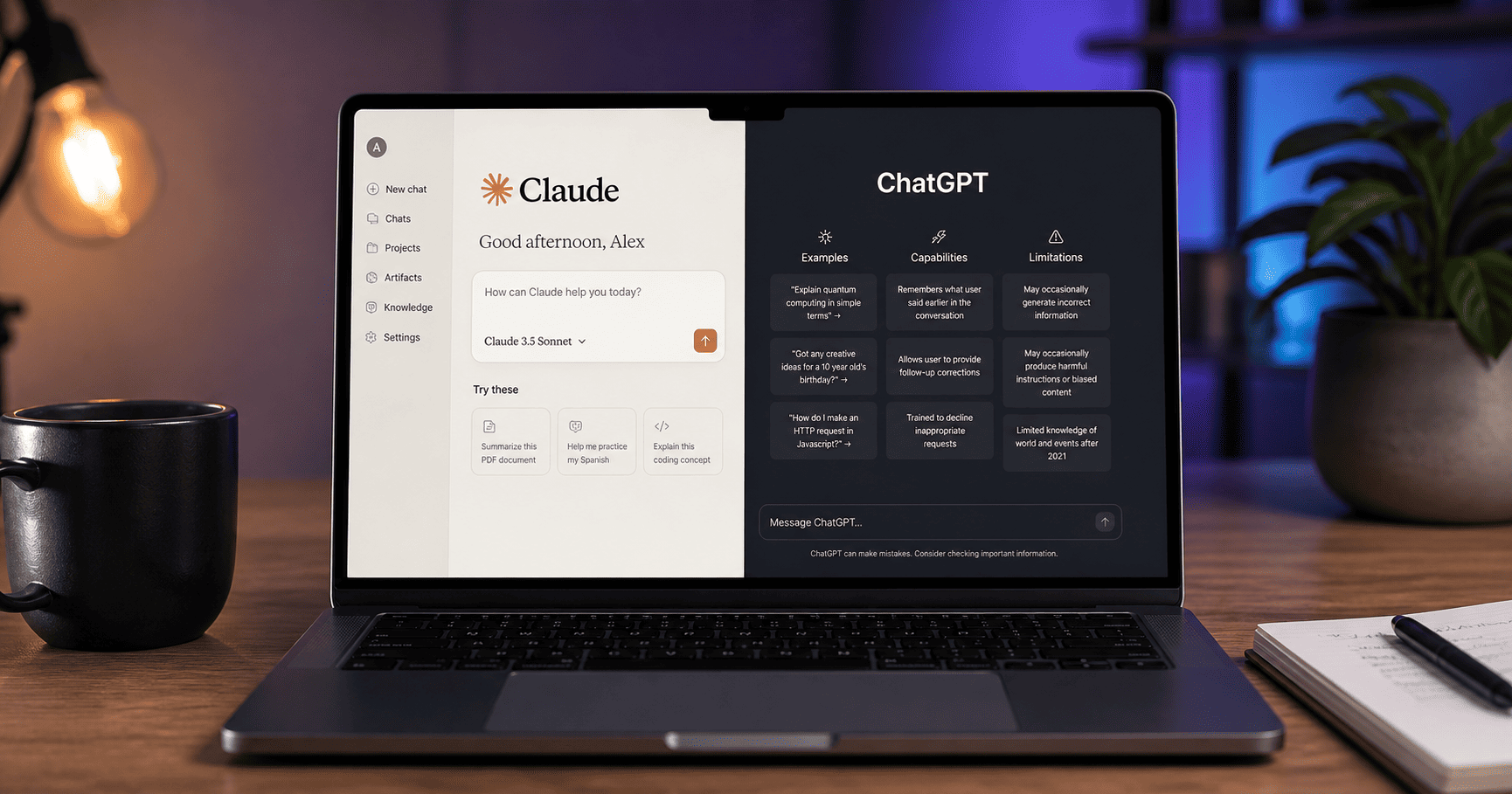 Claude vs ChatGPT 2026 comparison side by side on a laptop showing both AI assistants in action