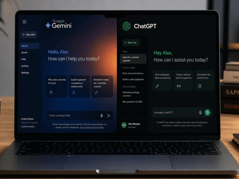 Gemini vs ChatGPT 2026 comparison side by side on a laptop showing Google and OpenAI AI chatbots