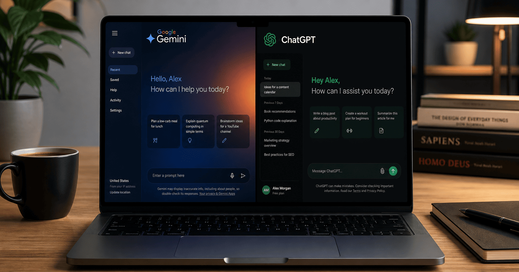 Gemini vs ChatGPT 2026 comparison side by side on a laptop showing Google and OpenAI AI chatbots