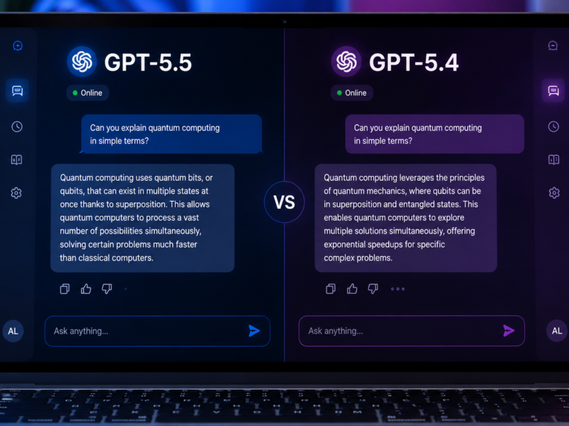 GPT-5.5 vs GPT-5.4 comparison on a laptop screen showing OpenAI's two latest ChatGPT models in 2026