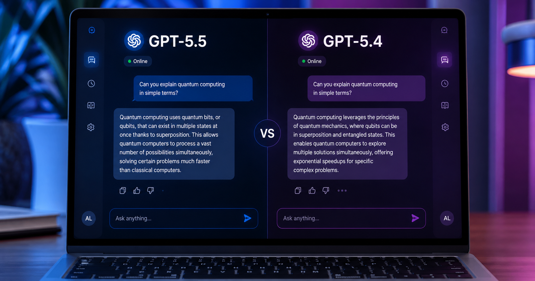 GPT-5.5 vs GPT-5.4 comparison on a laptop screen showing OpenAI's two latest ChatGPT models in 2026