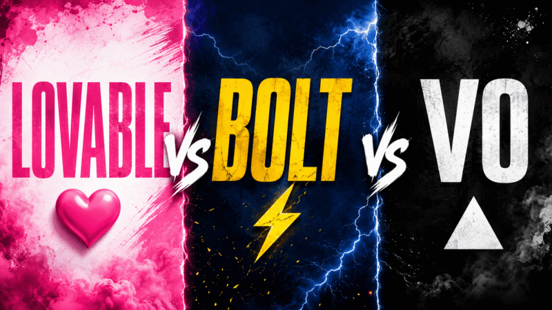 Three-panel versus poster comparing Lovable vs Bolt vs v0 AI app builders for 2026