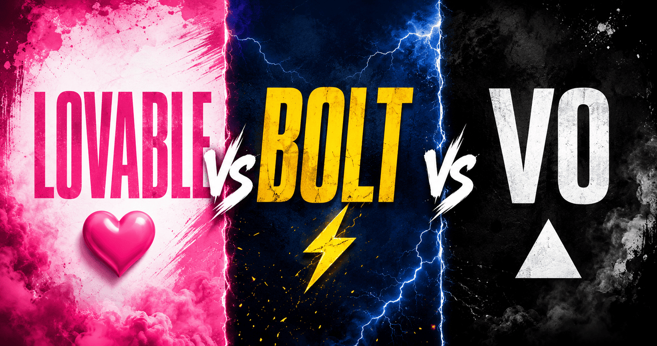 Three-panel versus poster comparing Lovable vs Bolt vs v0 AI app builders for 2026