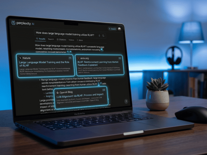Perplexity AI search interface showing cited answers on a laptop honest Perplexity AI review 2026