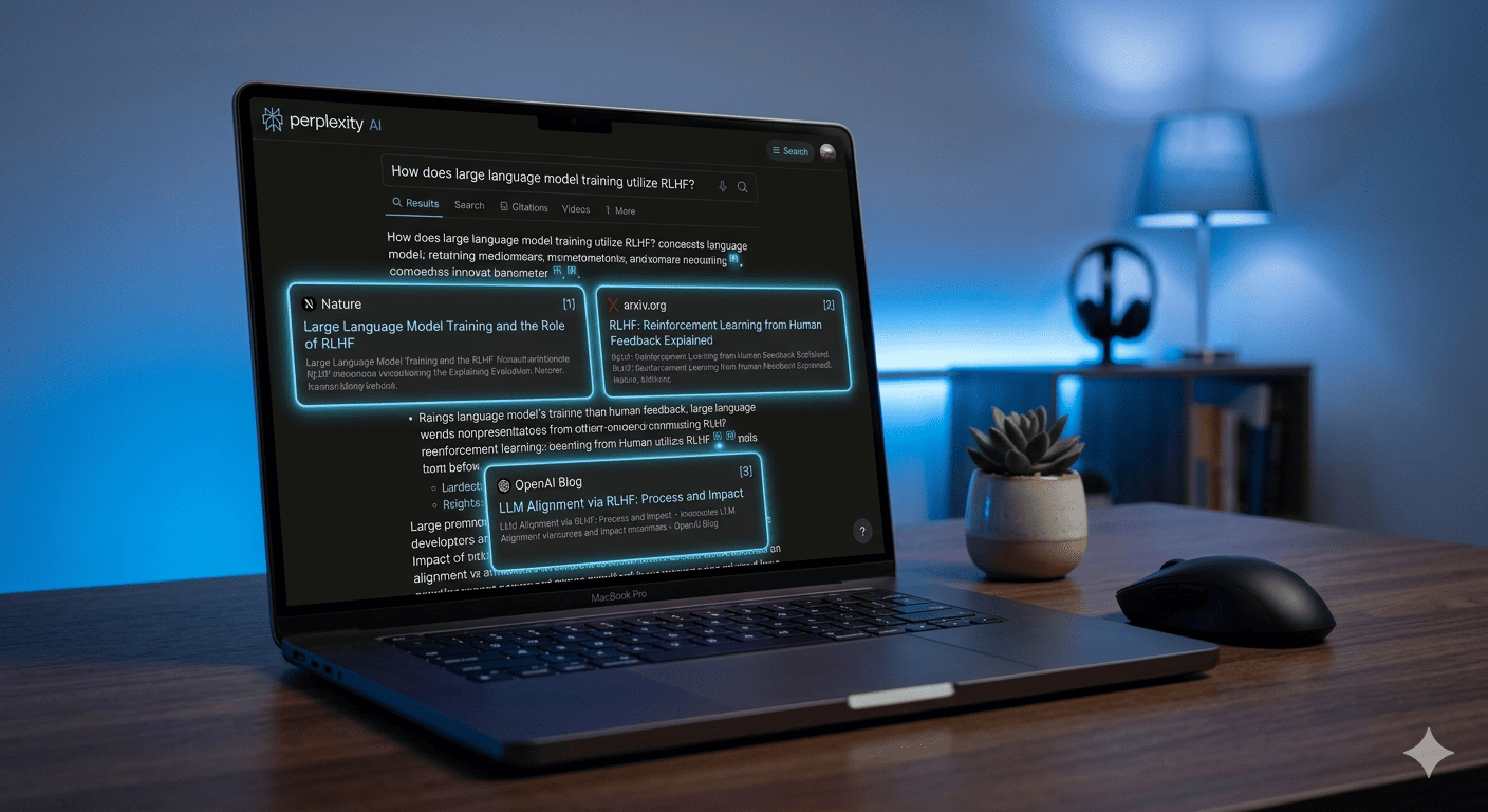 Perplexity AI search interface showing cited answers on a laptop honest Perplexity AI review 2026