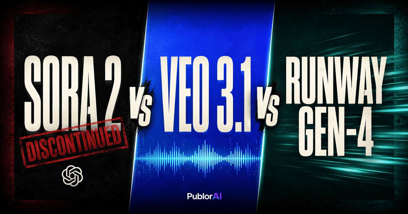 Three-panel split poster comparing Sora 2 vs Veo 3 vs Runway Gen-4 best AI video generator in 2026