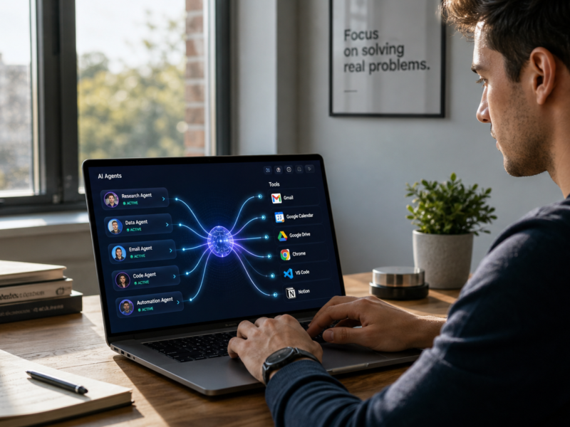 Person interacting with AI agents on a laptop — what are AI agents explained simply for beginners in 2026