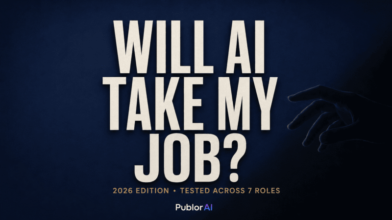 Editorial magazine cover asking will AI take my job in 2026 with bold typography on dark navy background