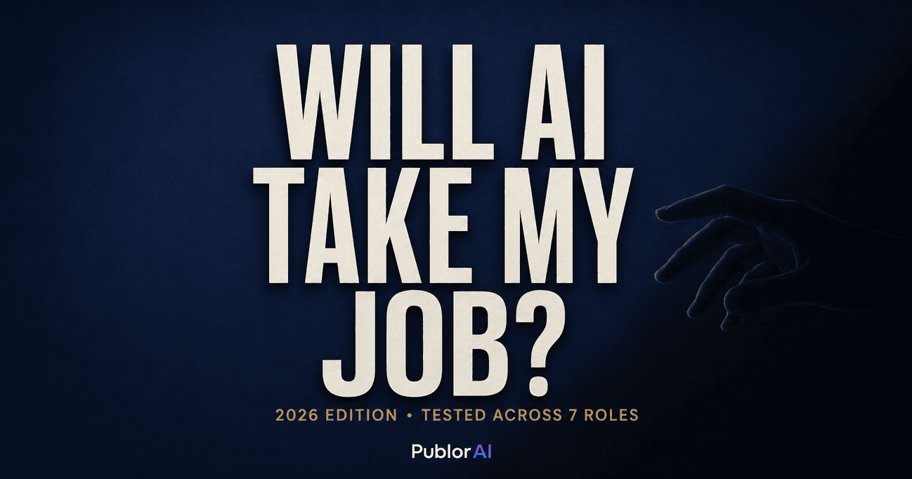 Editorial magazine cover asking will AI take my job in 2026 with bold typography on dark navy background
