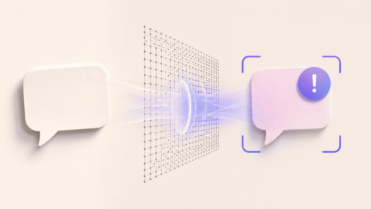 Conceptual image of an everyday message being screened by an overcautious AI safety filter and stopped by mistake