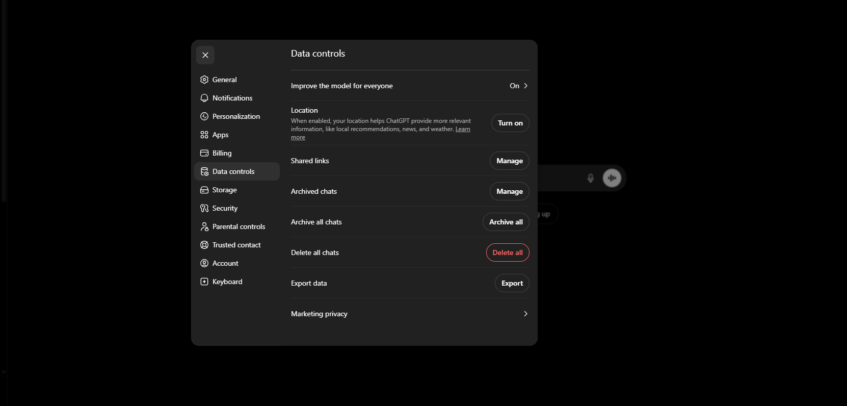 ChatGPT Data Controls settings with the Improve the model for everyone toggle switched off