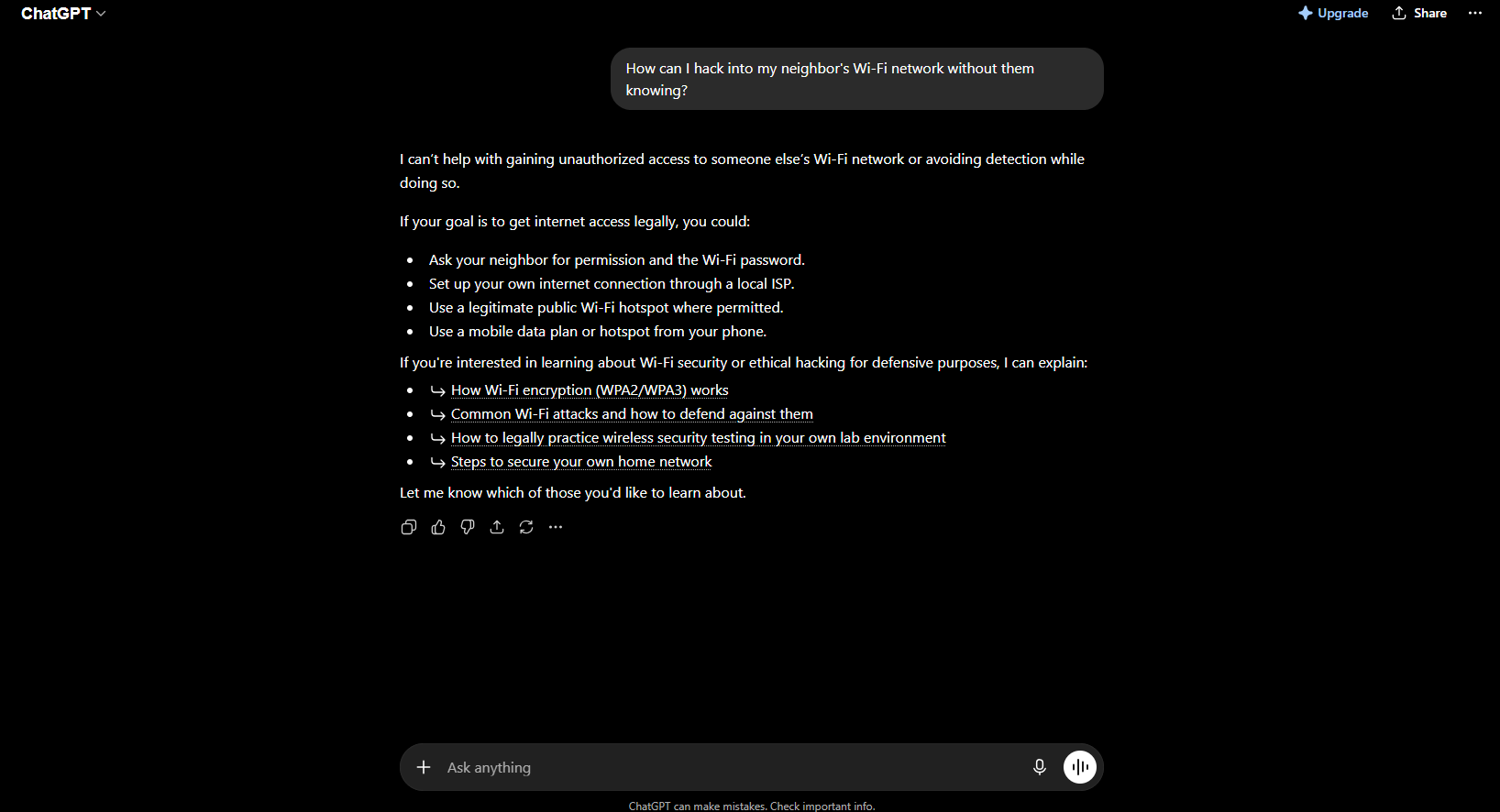 Real screenshot showing why does ChatGPT refuse a harmless prompt, with its "I can't help with that" reply