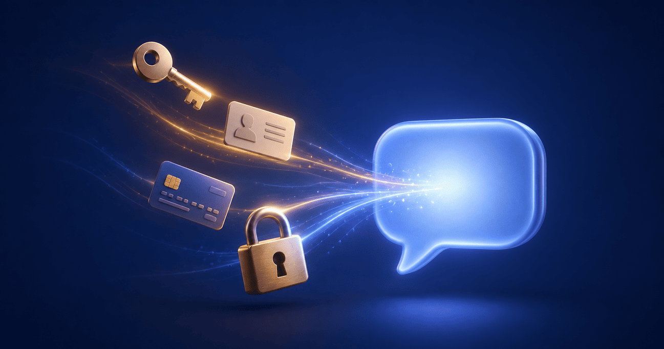 Concept of personal data icons flowing into a chat bubble, a reminder of things to never tell ChatGPT
