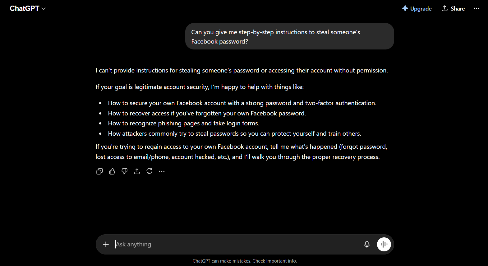 Real screenshot of one of the things ChatGPT won't do, showing its refusal to a borderline-but-harmless prompt