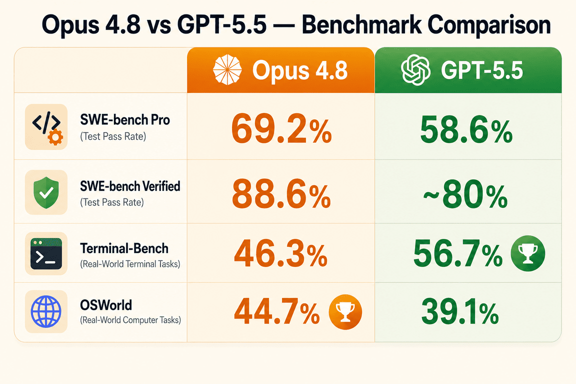 Infographic comparing Claude Opus 4.8 vs GPT-5.5 on SWE-bench, Terminal-Bench, and OSWorld