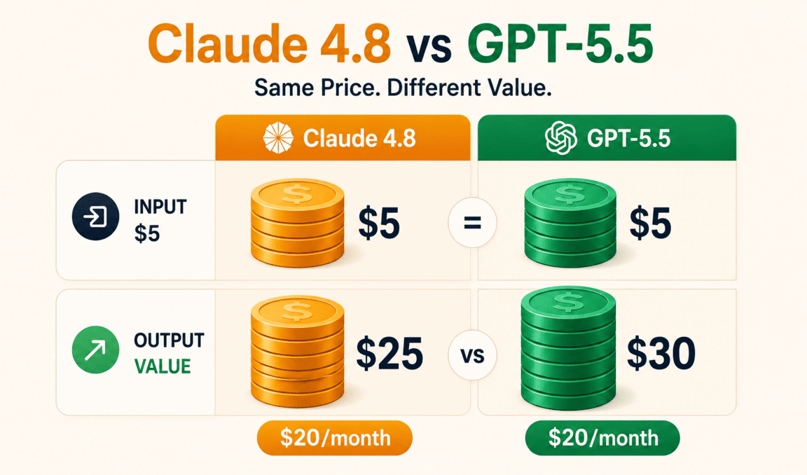 Pricing visual comparing Claude Opus 4.8 and GPT-5.5 API output cost per million tokens