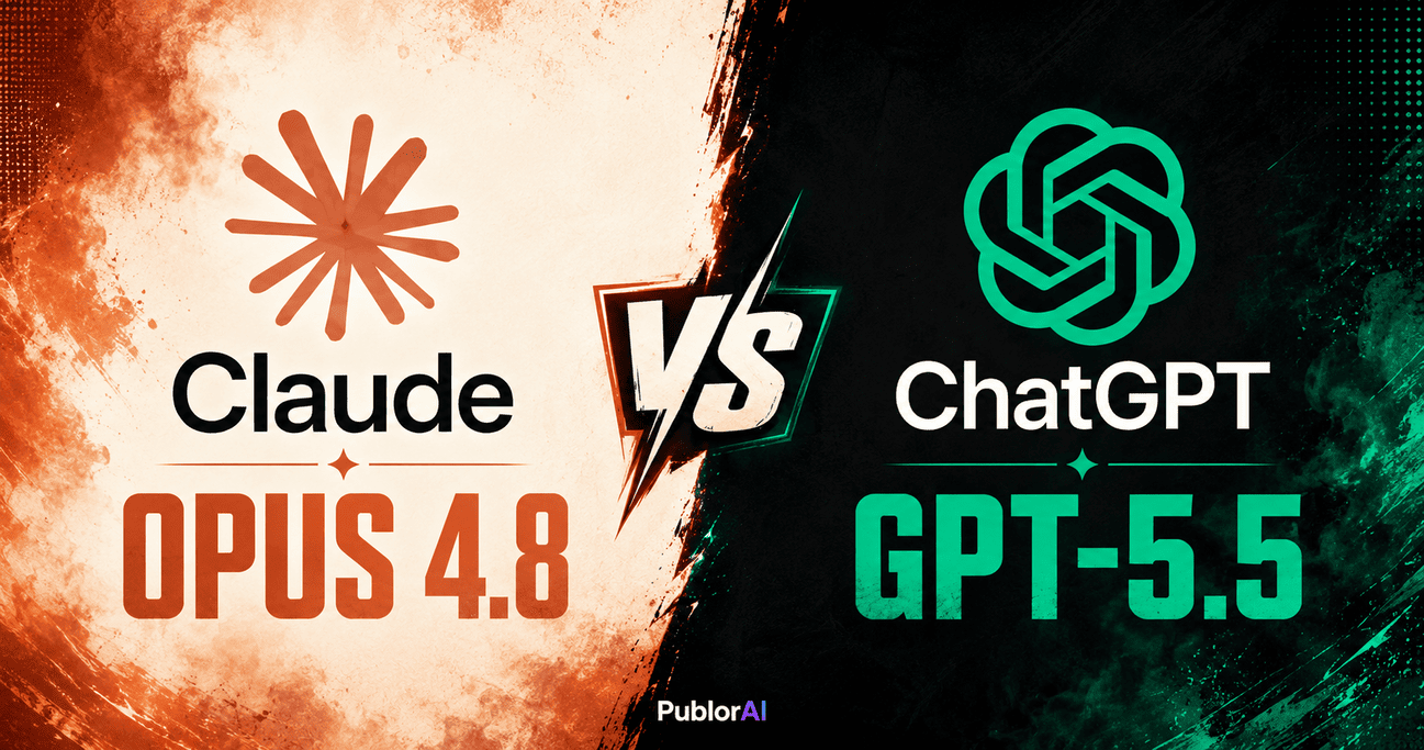 Versus split poster for Claude Opus 4.8 vs GPT-5.5 flagship AI model comparison in 2026