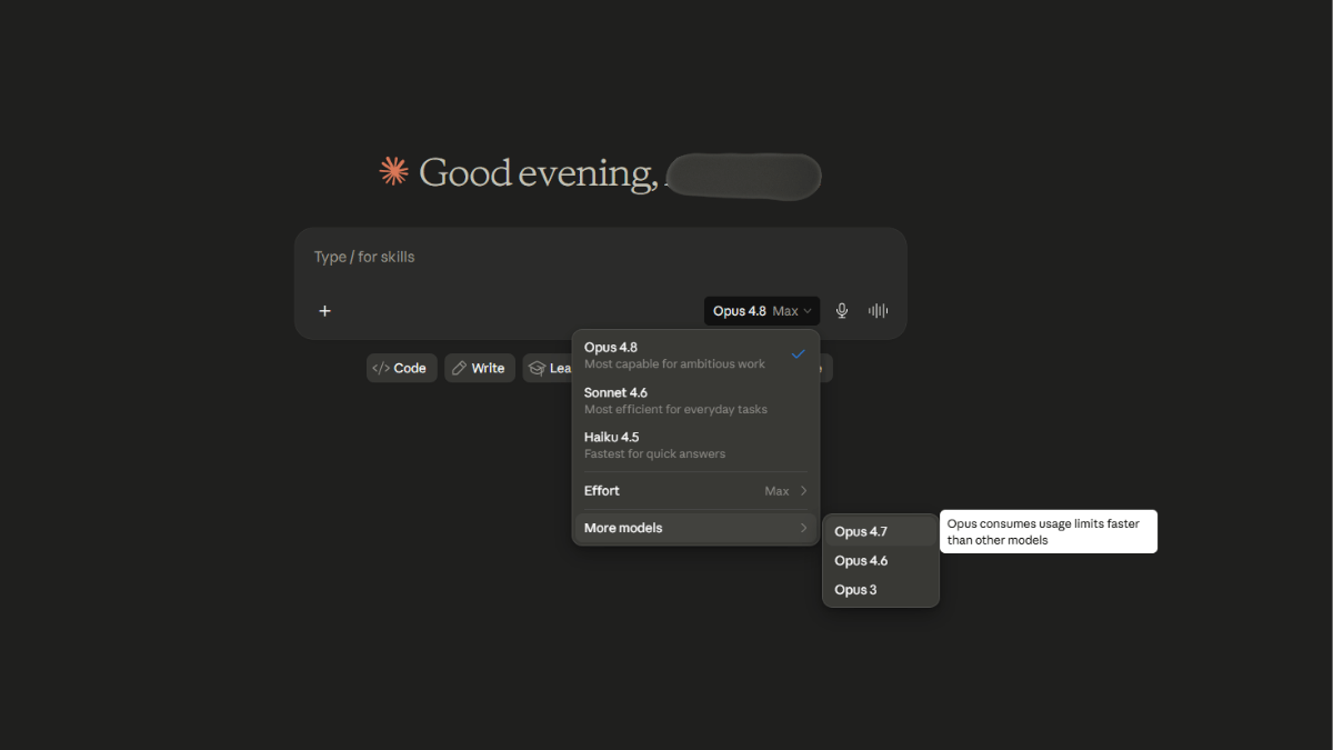Claude.ai model selector showing both Claude Opus 4.8 and Opus 4.7 available to switch between