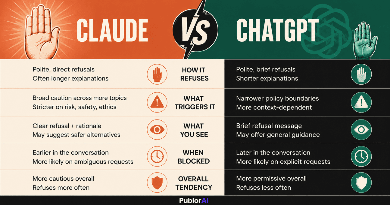 Infographic comparing Claude vs ChatGPT refusals - how each model blocks prompts and what triggers it