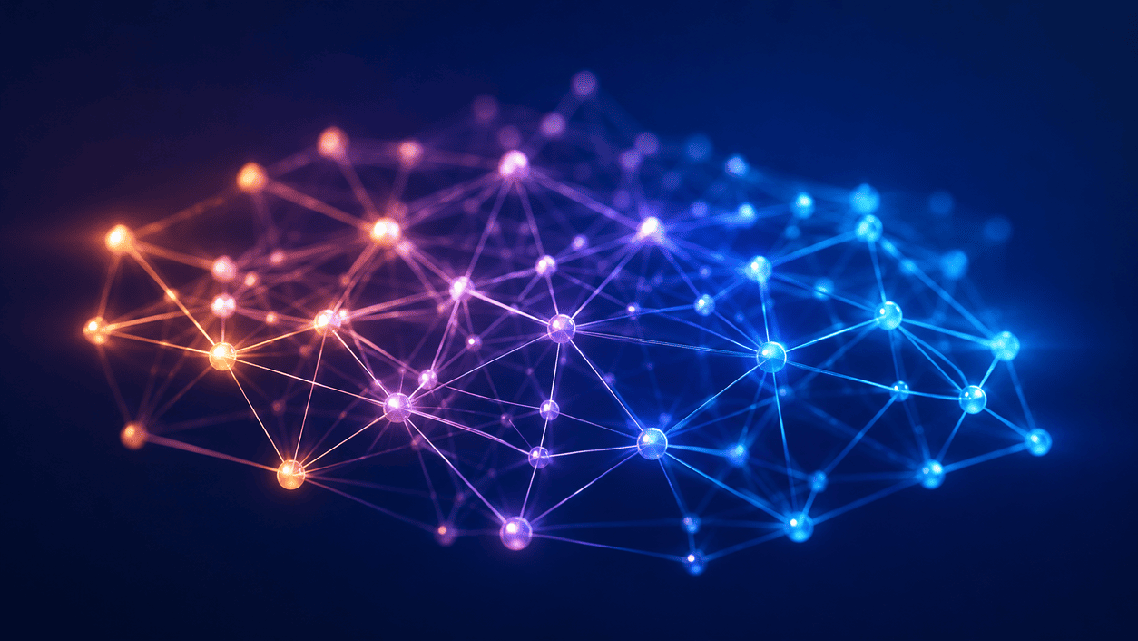 Abstract concept of connected glowing nodes representing how AI finds patterns in data