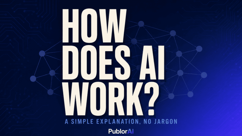 Editorial magazine cover explaining how does AI work, bold typography on a deep blue gradient background