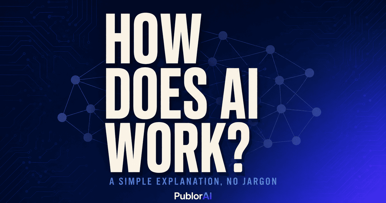 Editorial magazine cover explaining how does AI work, bold typography on a deep blue gradient background