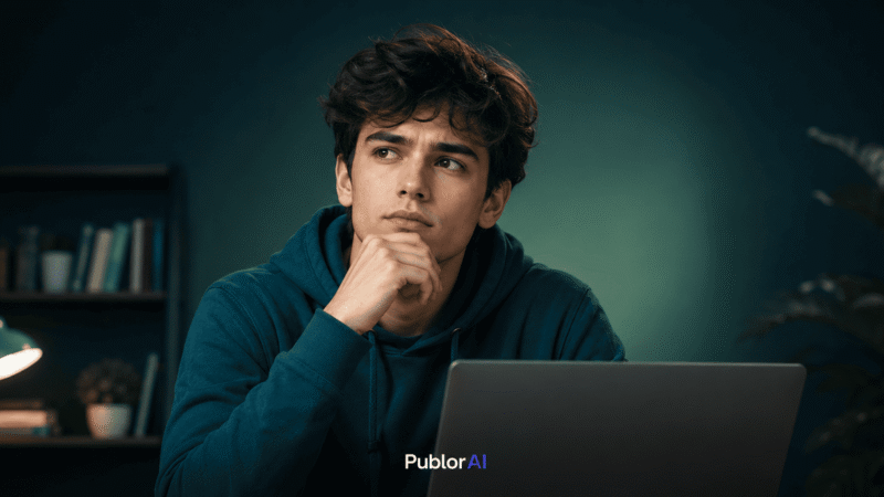 Thoughtful student at a laptop weighing a decision, illustrating the question is using ChatGPT cheating