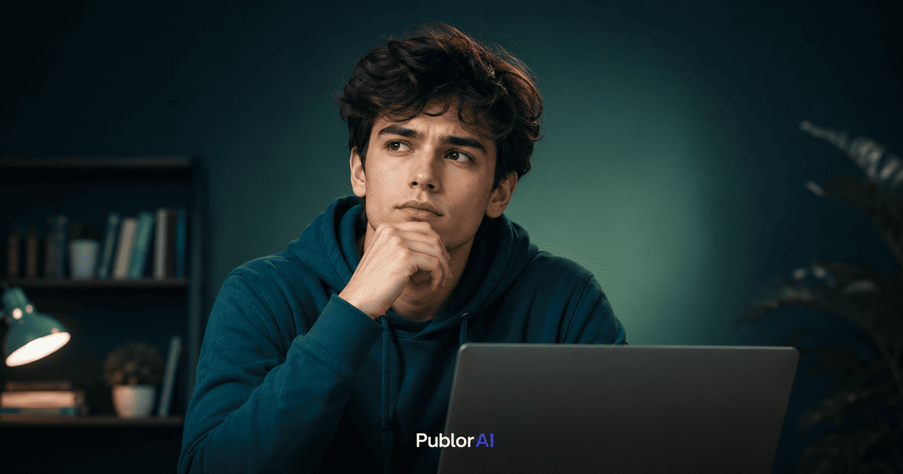 Thoughtful student at a laptop weighing a decision, illustrating the question is using ChatGPT cheating