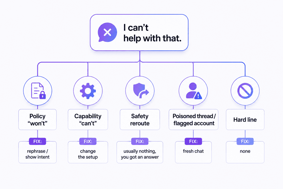 Decision diagram of the five kinds of AI "no," showing why AI chatbots refuse and the fix for each