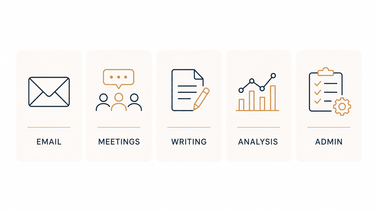 Graphic showing the five categories of best ChatGPT prompts for work, from email to analysis
