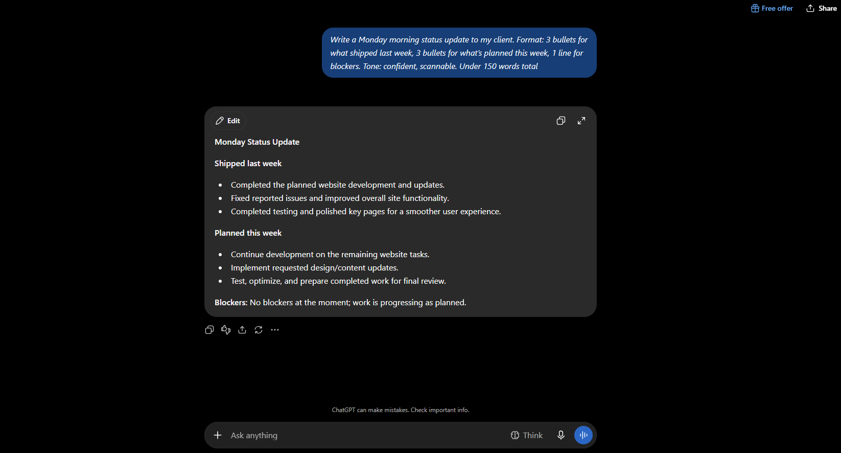 Real ChatGPT output from one of the best ChatGPT prompts for work in this guide