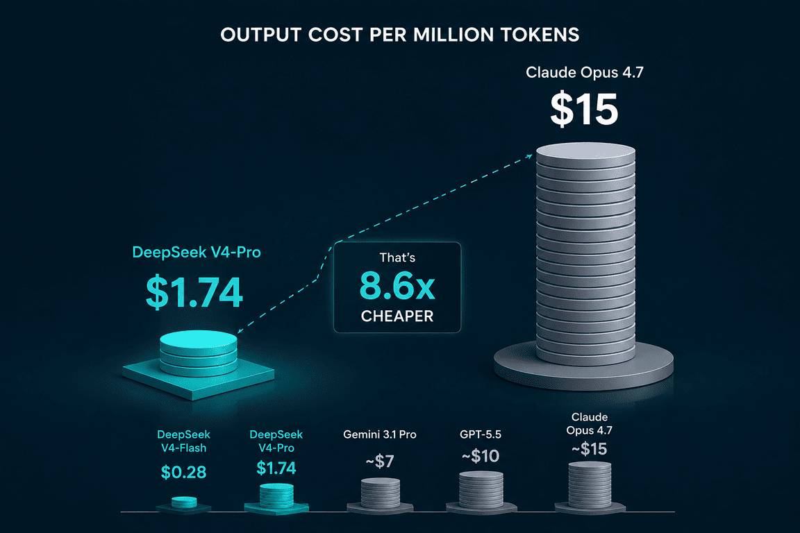 Chart comparing DeepSeek V4 output token cost of $1.74 against Claude Opus at about $15 per million