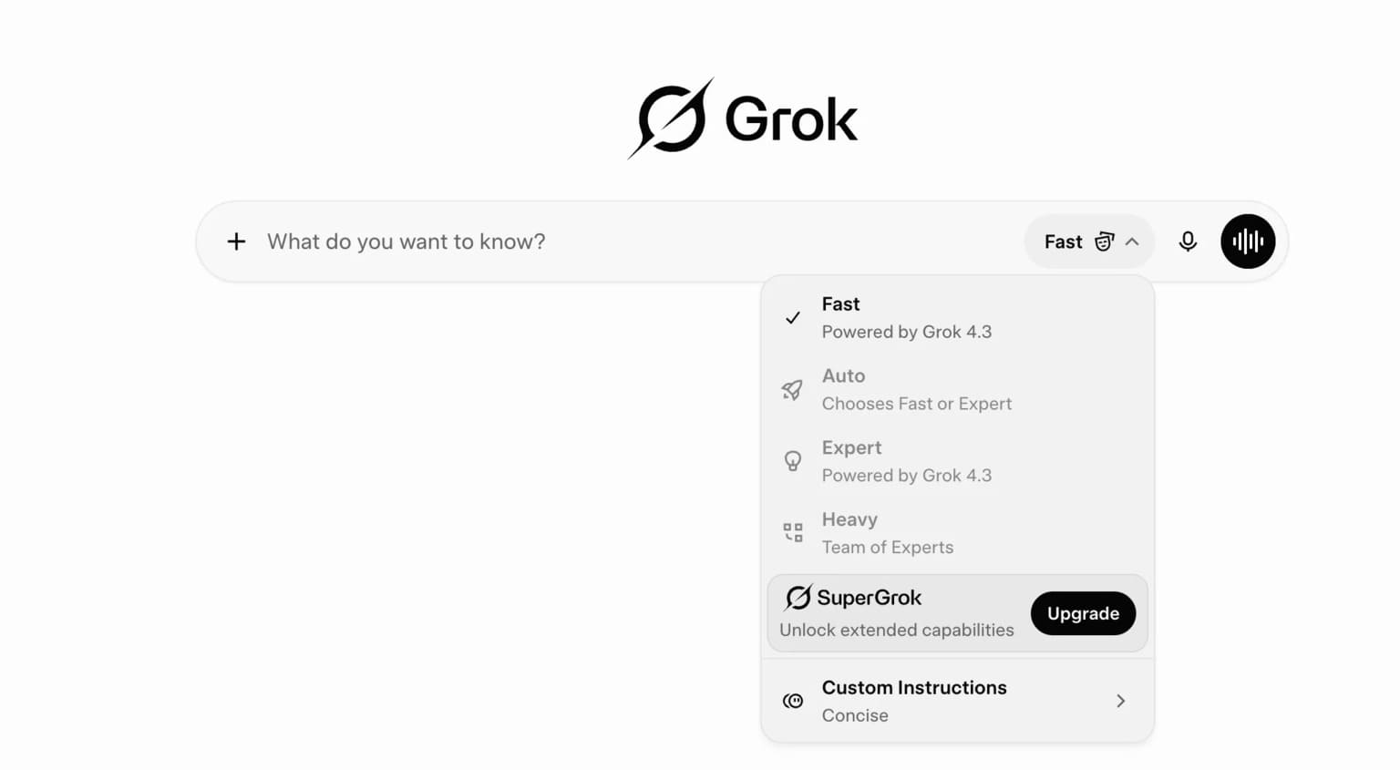 Real Grok screenshot taken during this Grok 4.3 review, showing the model selector modes