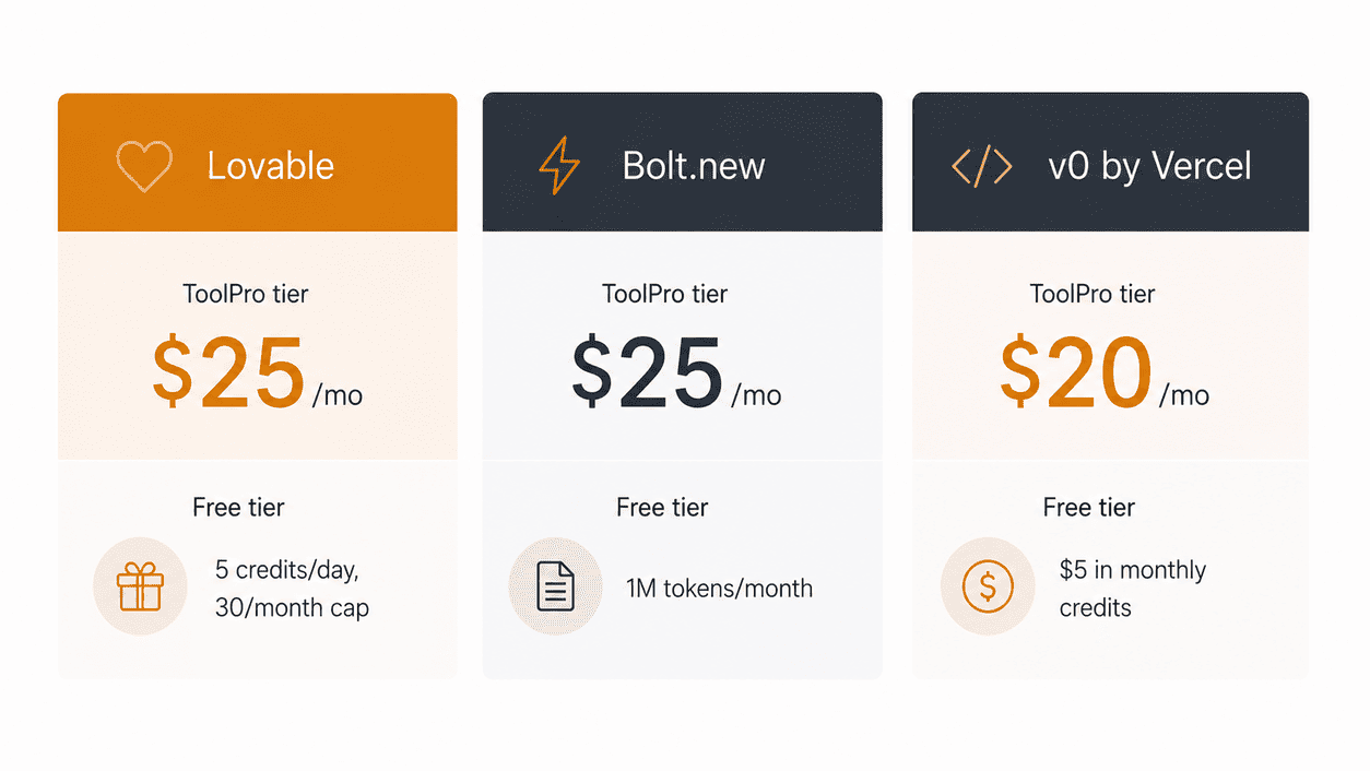 Chart comparing Lovable vs Bolt vs v0 pricing at $25, $25 and $20 per month for Pro plans