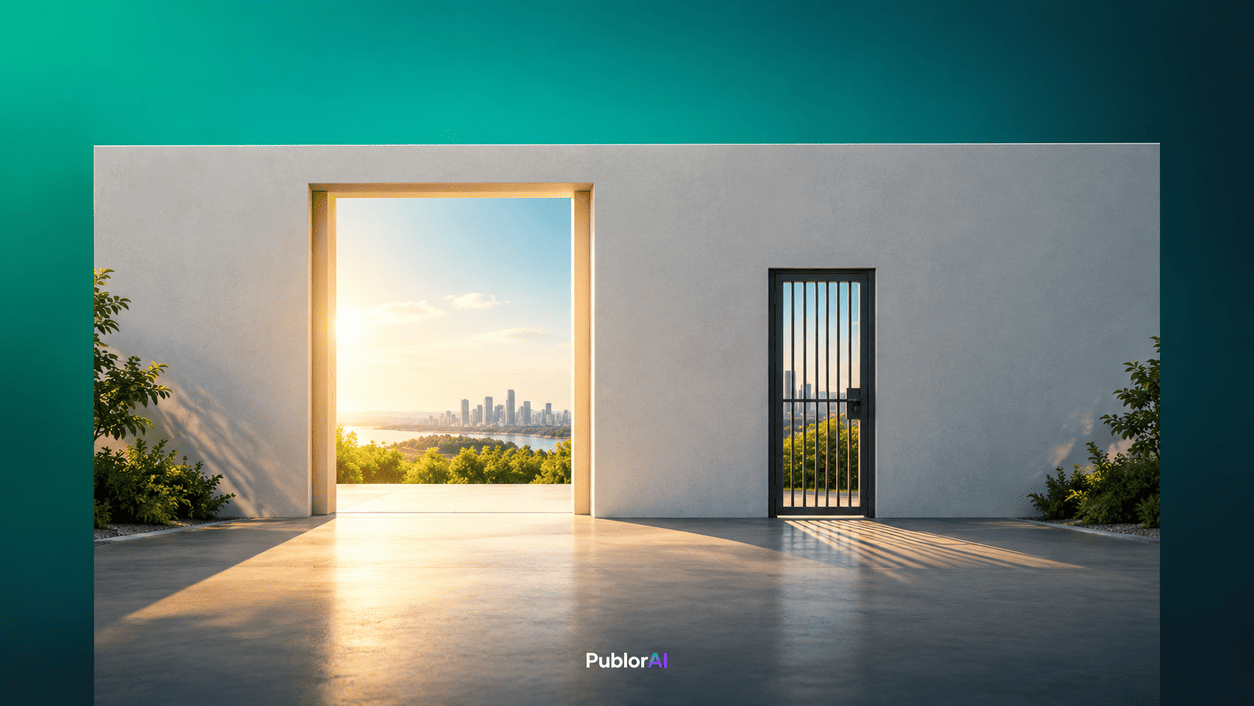 Narrow gate set into a wide open wall, representing GPT-6 Astra restrictions applying to only a few topics