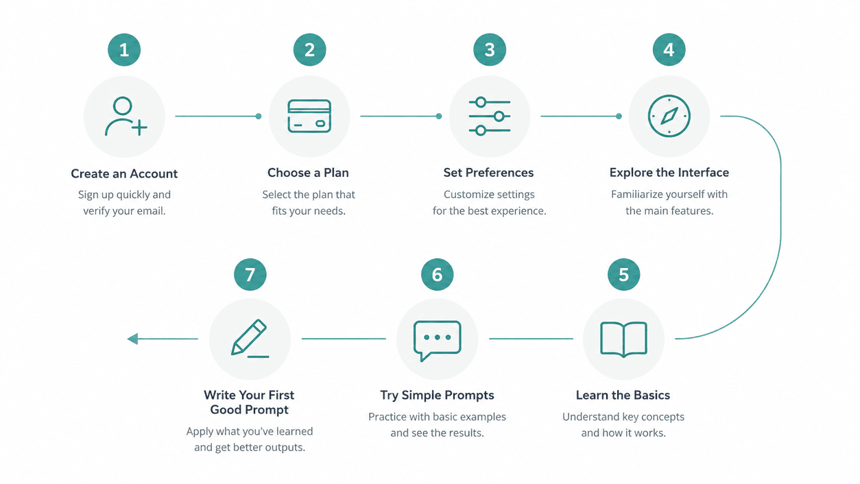 Diagram of the 7 steps for how to use ChatGPT as a beginner, from signup to first prompt